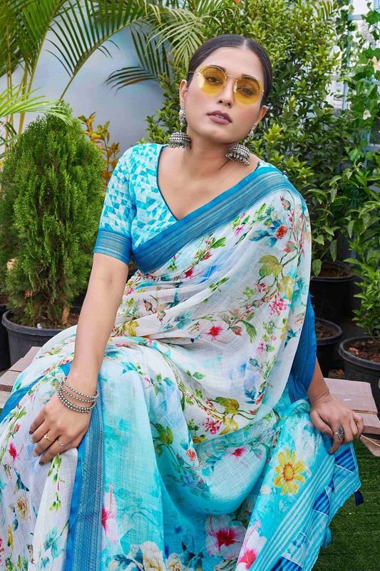 Blue Color Linen Blend Digital Printed Designer For Graceful Festive Looks