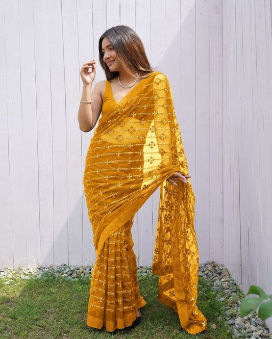 Yellow Color Graceful Butterfly Net Sequins Embroidery Saree With Diamond Work