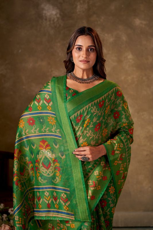 Green Cotton Printed Saree and Stitched Green Blouse