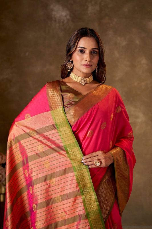 Peach Cotton Woven Saree and Stitched Green Blouse