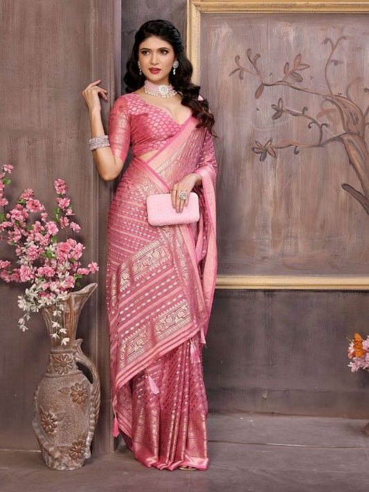 Light Pink Brasso Cutting Designer Work Moss Brasso Saree