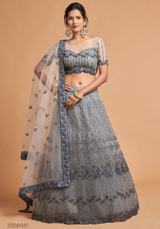 Grey Women's Soft Net Embroidery Lehenga Choli