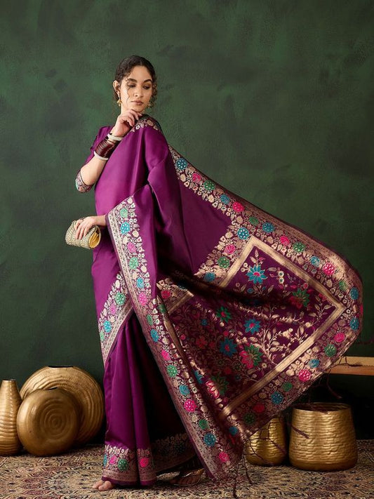 Purple Silk Wevon Jacquard Designer Traditional Rich Saree