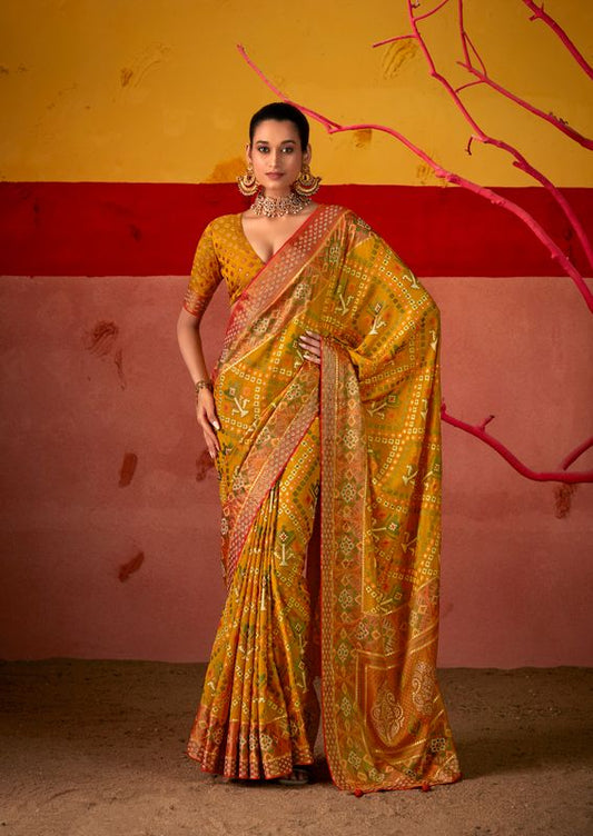 Tahiti Gold Wevon Border Designer With Patola Printed Silk Saree