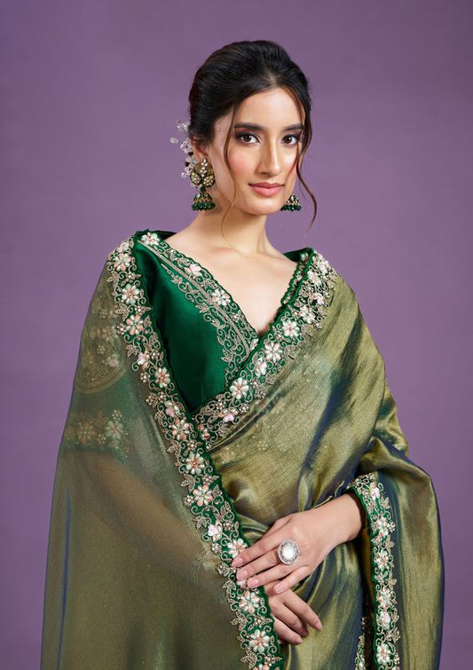 Green Heavy Sequence Embroidery & Patch Work Glass Tissue Saree