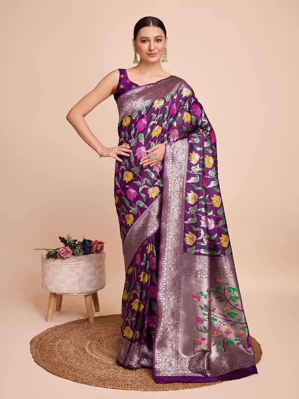 Purple Weaving Meenakari Designer Paithani Silk Saree