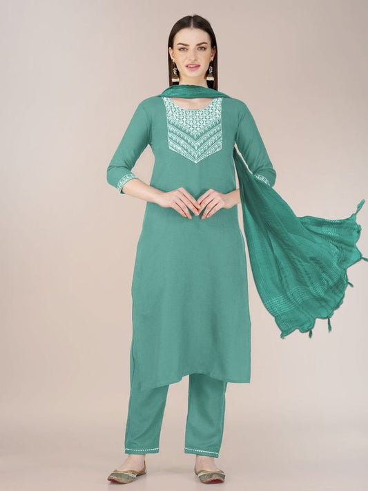 Teal Green Color Cotton Blend Sophisticated Partywear Suit For Girlie Looks