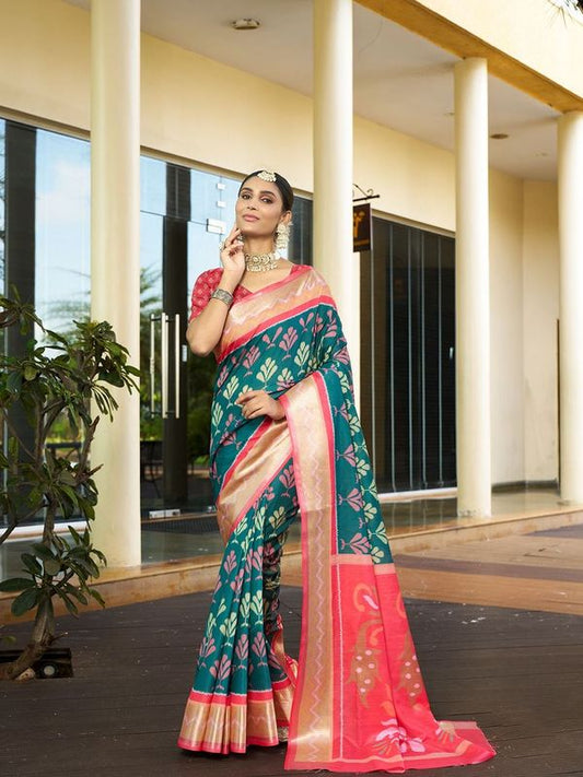 Rama Color Trendy Crepe Saree With Woven Zari Patta And Designer Print Work