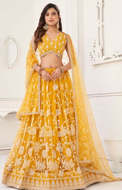 Mustard Yellow Color Net With Sequins And Thread Embroidery Work -Stitched Lehenga & Unstitched Blouse With Dupatta