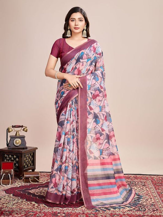 Multy Wevon Jari Border & Digital Printed Linen Saree