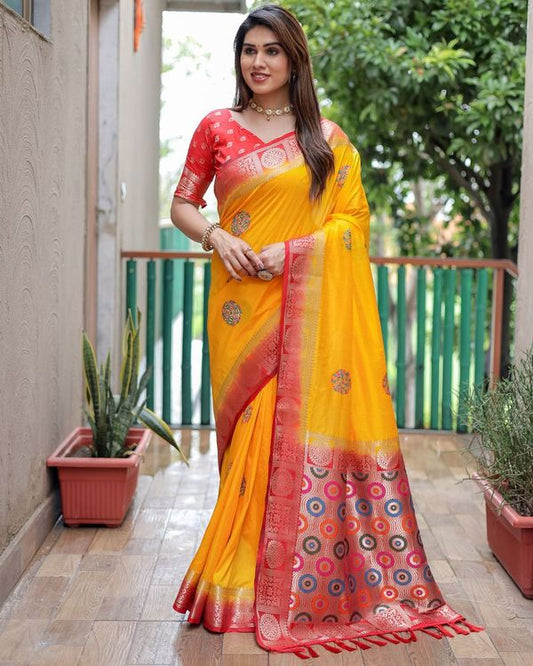 Yellow Wevon Designer Dola Silk Saree