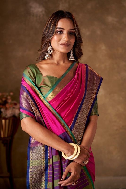 Pink Cotton Striped Saree and Stitched Green Blouse