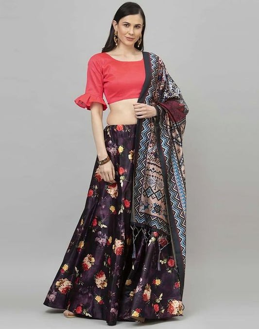 Digital Print Satin Silk Fabric Stitched Lehenga Choli With Jequared Blouse and Assami Silk Thread Work Dupatta For Women and Girls In Festive Party And Traditional Wear