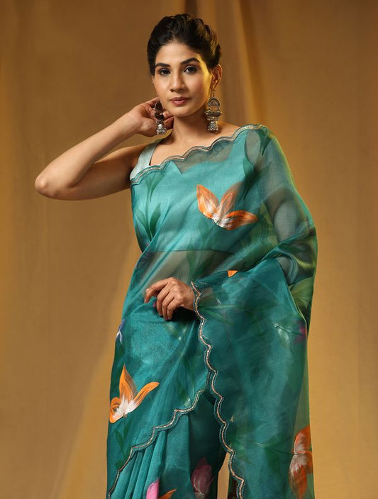 Green Designer Digital Printed & Sequance Work Organza Saree