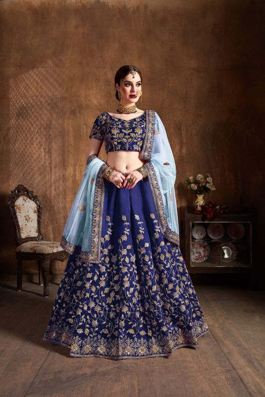 Navy Blue Women's Raw Silk Embroidery Lehenga Choli