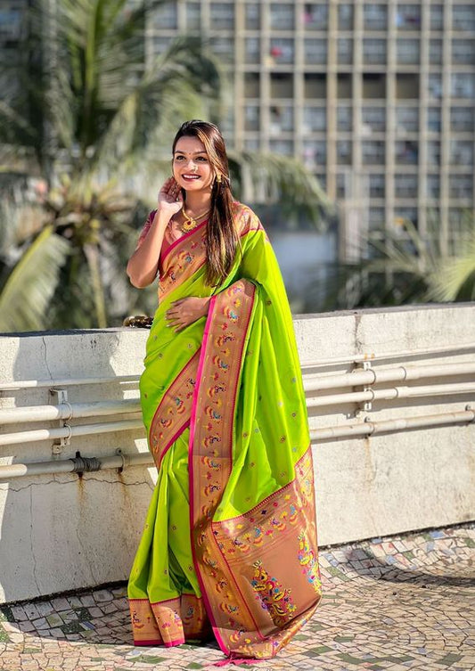 Meenakari Designer Soft Silk Ethnic Partywear Parrot Green Color Saree