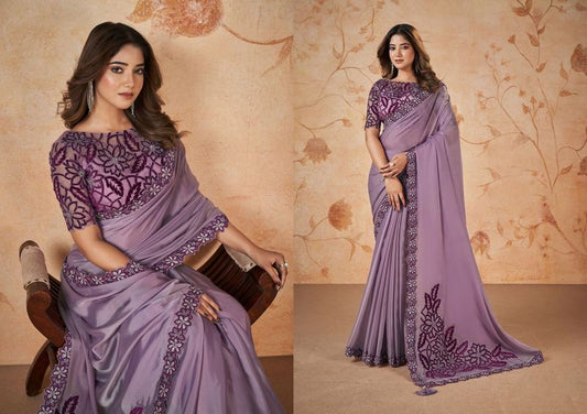 Dusty Levender Heavy Embroidery & Patch & Pearl Work Crape Satin Silk Saree