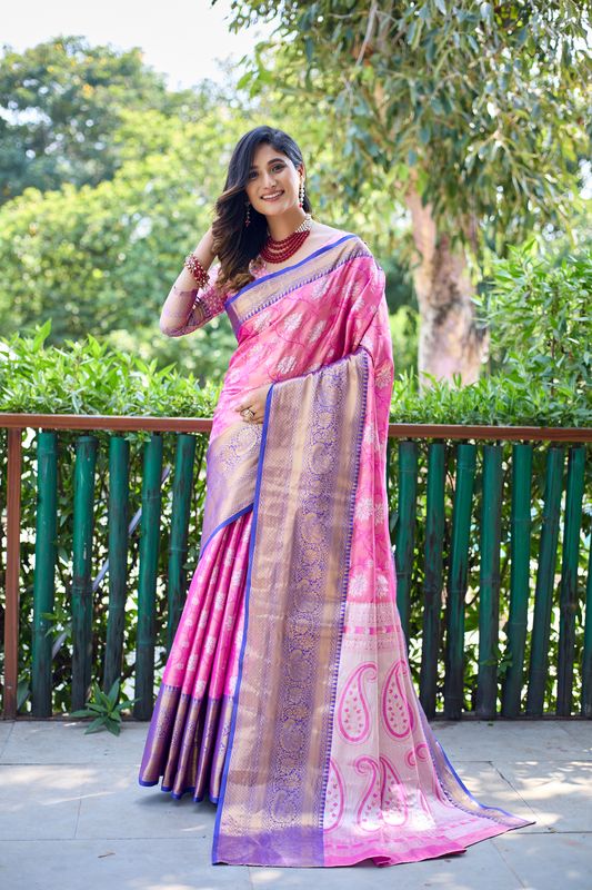 Pink Wevon Jari Designer Banarasi Handloom Silk Saree