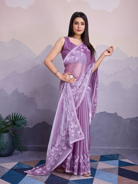 Lavender Color Jimmi Silk Fabric Thread Sequins Embroidery Work Heavy Ceremonial Saree