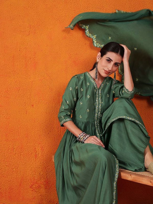 Green Color Beautiful Woven Silk Readymade Suit with Festive Thread Embroidery Work