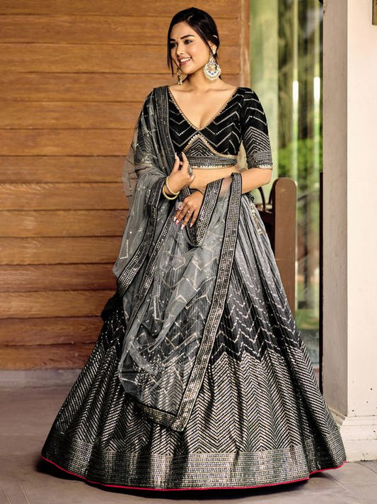 Black Women's Chinon Embroidery Lehenga Choli