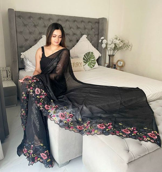 Black Multy Thread & Sequance Embroidery Work Shimmer Silk Saree