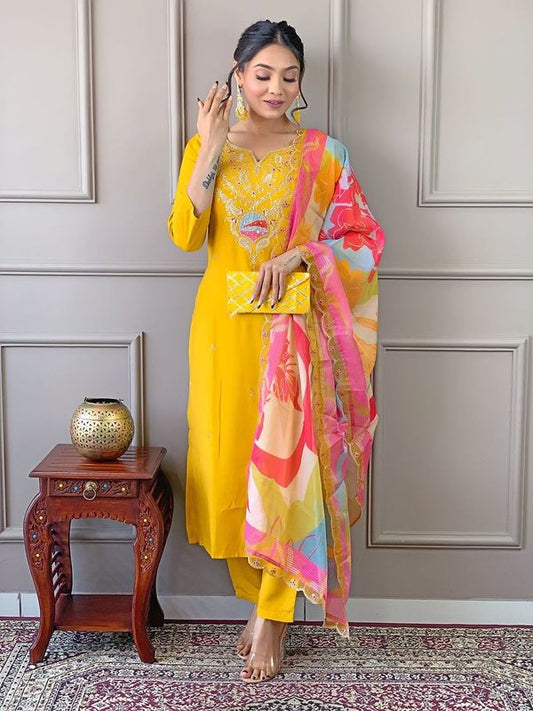 Beautiful Mustard Color Viscose Fabric Graceful Embroidered Readymade Suit