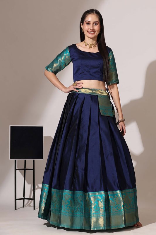 Navy Blue Lichi Silk Jacquard Work Lehenga