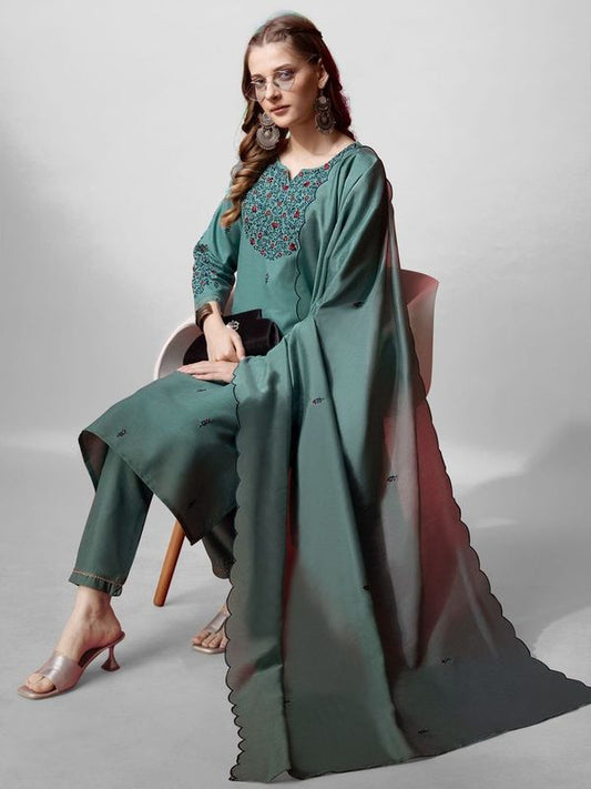 Teal Green Color Cotton Blend Readymade Dress With Designer Embroidery Work