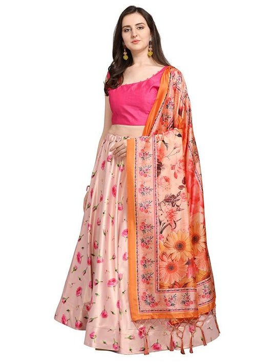 Bandhni Patola Type Digital Print Shiney Satin Croptop Lehenga Choli With Blouse For Women and Girls