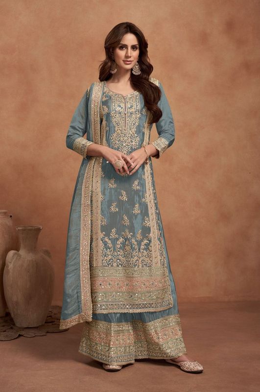 Heavy Work Beautifully Embroidered Vichitra Silk Grey Color Ethnic Palazzo Dress