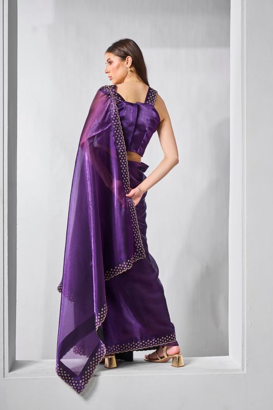 Purple Swarovski Designer Work Burburry Saree