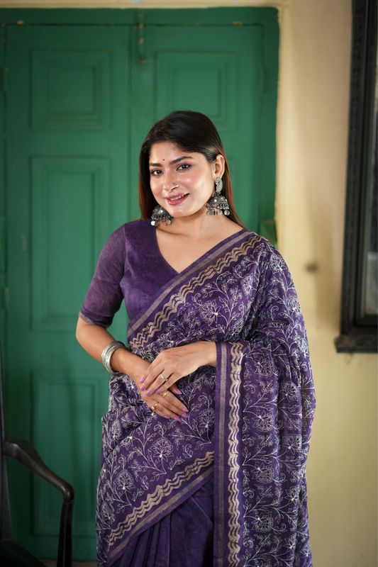 Lavender Batik Printed & Embroidery Work Tussar Silk Saree