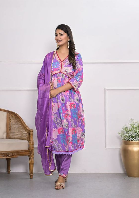 Purple Color Muslin Silk Fabric Designer Embroidery Work Salwar Kameez For Ceremonial Looks