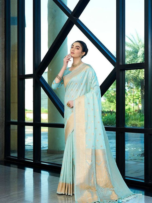 Aqua Color Nylon Banarasi Wevon Jacquard Designer Ethnic Indian Traditional Look Saree