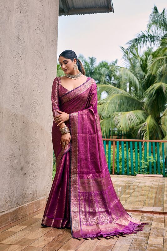 Burgundy Wevon Copper Jari Designer Kanjivaram Sik Saree