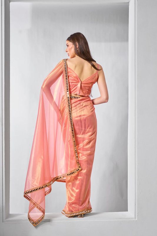 Orange Solid & Gold Cotted Gold Tissue Net Saree