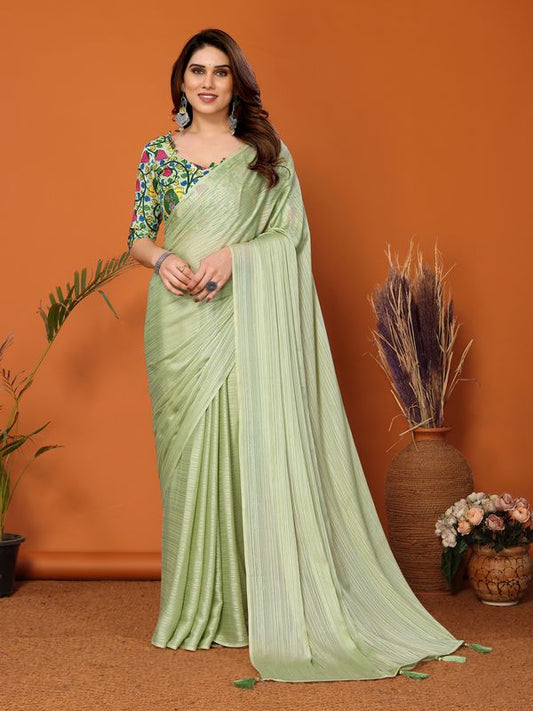 Pista Solid & Digital Printed Blouse Polyester Zari Saree