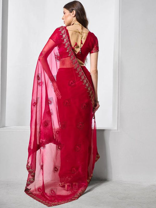 Red Designer Embroidery Work Shimmer Chiffon Saree