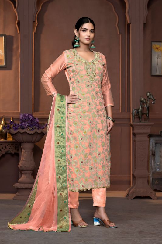 Peach Muslin Cotton Wevon Designer With Hand Work Graceful Wedding Wear Salwar Kameez