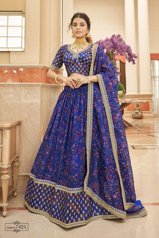 Blue Women's Organza Embroidery Lehenga Choli