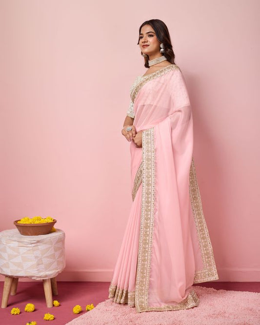 Girlie Rose Pink Color Organza Saree With Ethnic Embroidery Work On Border And Blouse