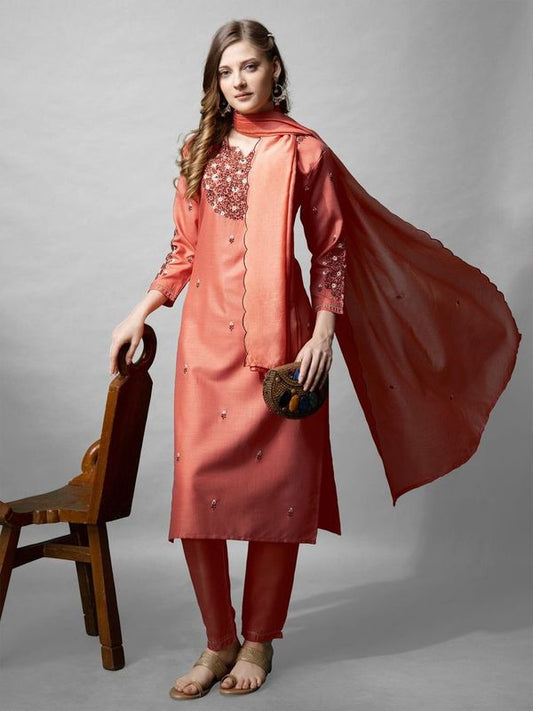 Coral Color Cotton Blend Readymade Dress With Designer Embroidery Work