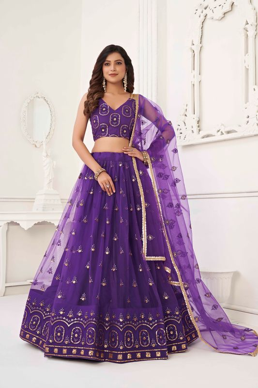 Purple Color Net With Sequins And Thread Embroidery Work -Stitched Lehenga & Unstitched Blouse With Dupatta