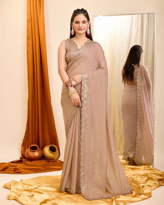 Brown Designer Sequance Embroidery Work Georgette Saree