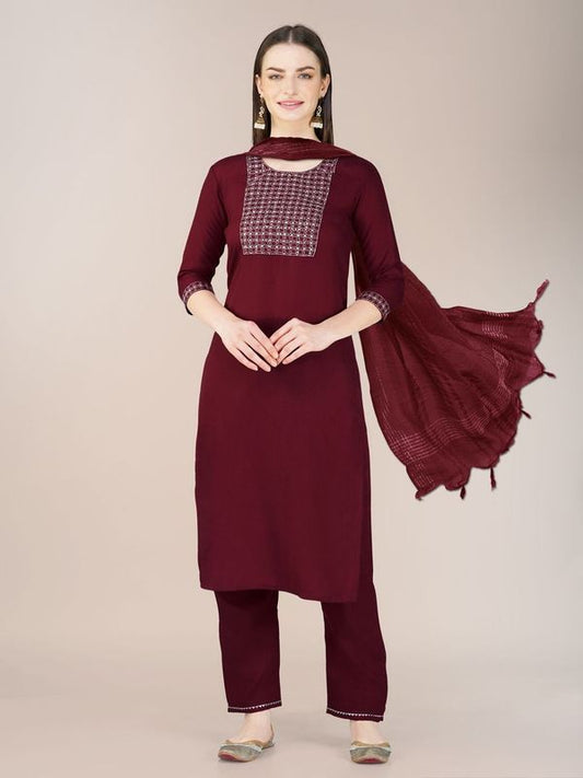 Maroon Color Cotton Blend Sophisticated Partywear Suit For Girlie Looks