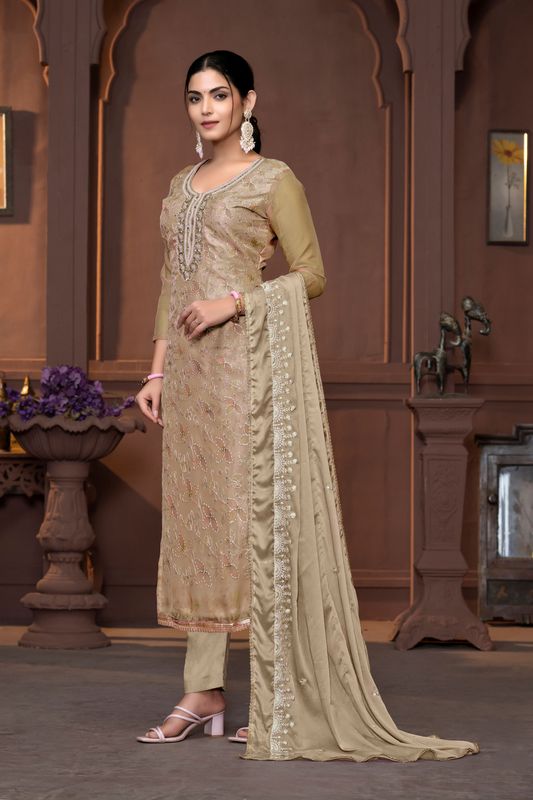 Beige Viscose Organza Poistion Embroidery With Hand Work Graceful Ethnic Wedding Wear Salwar Kameez