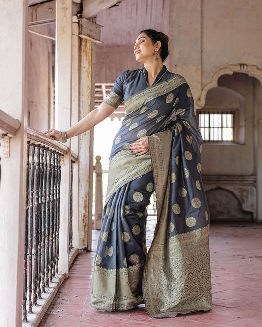 Dark Grey Wevon Jari Designer Chanderi Silk Saree