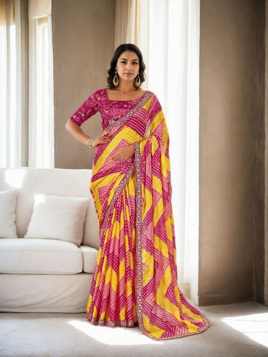 Pink Bandhani Digital Printed & Embroidery Work Chinon Saree