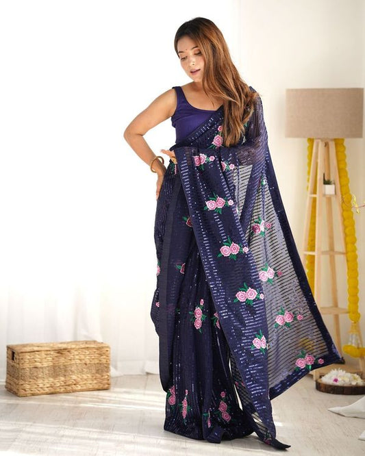 Blue Thread & Sequance Embroidery Work Georgette Saree